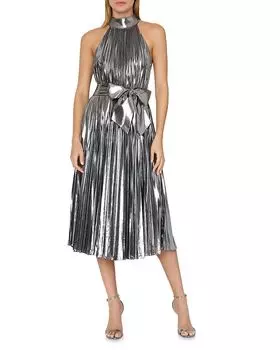 Платье Idena с плиссировкой и бретельками через шею из ламе MILLY, серебряный