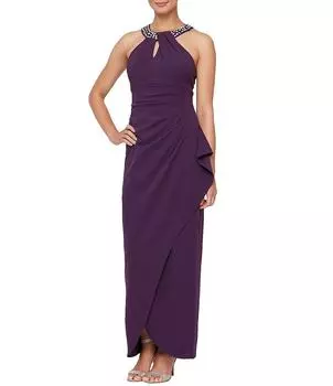 Платье Ignite Evenings Petite Size из крепа с аквалангом без рукавов, расшитого бисером, с витой бретелькой на шее и оборками, фиолетовый