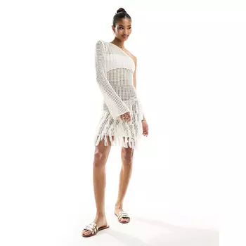 Платье In The Style Crochet One Sleeve Fringe Detail Mini, кремовый