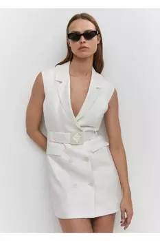 Платье из 100% льна с воротником Mango, белый