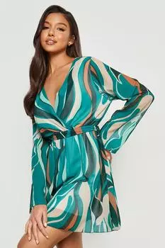 Платье из абстрактного шифона с поясом Boohoo, зеленый