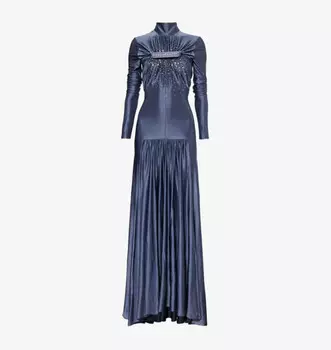 Платье из эластичного атласа с длинными рукавами, украшенное кристаллами Rabanne, цвет ardoise