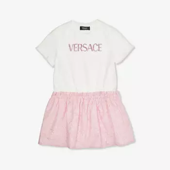 Платье из эластичного хлопка с фирменной отделкой Barocco для 4–12 лет Versace, белый