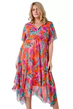 Платье из эластичной сетки с запахом и тропическим принтом Curve Roman, оранжевый