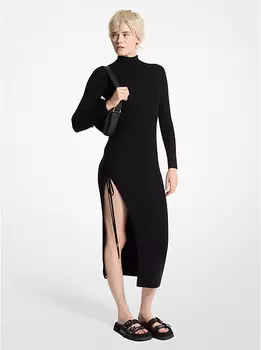 Платье из эластичной шерсти с оборками Michael Kors, черный