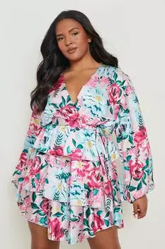 Платье из атласа плюс с орушами и поясом Boohoo, синий