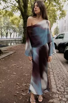 Платье из атласа с набивным рисунком ZARA, разноцветный