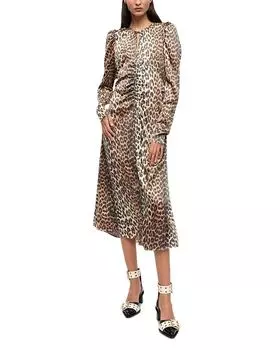 Платье из атласа с принтом и сборками GANNI, мультиколор