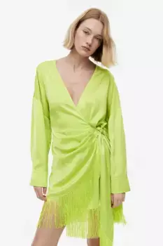 Платье из атласа с трансфером и бахромой H&M, зеленый