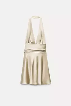 Платье из атласного платья с плечем на халтере ZARA, серый/бежевый