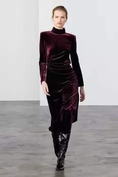 Платье из бархата с драпированной платьей ZARA, бордовый