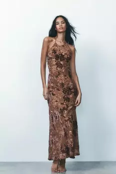 Платье из бархата с халтером и цветочным узором ZARA, цвет brick