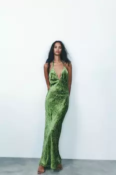 Платье из бархата с халтером ZARA, зеленый