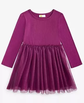 Платье из блестящего тюля в рубчик с длинными рукавами для маленьких девочек Epic Threads, розовый