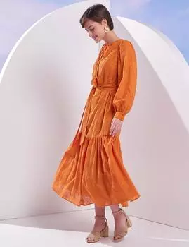 Платье из броде с объемными рукавами, янтарное Kayra