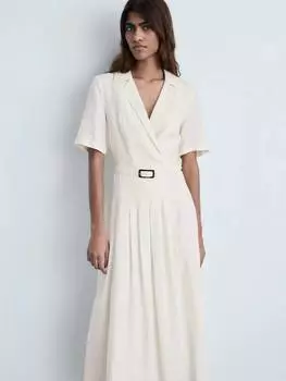 Платье из чистого льна с золотым поясом Mango, желтый