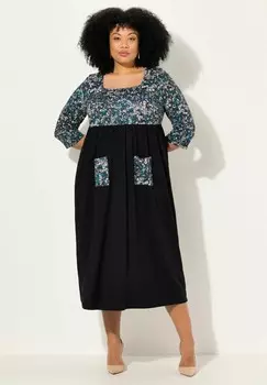 Платье из джерси FLORAL PANEL 3/4 SLEEVE SQUARE NECK Ulla Popken, черный