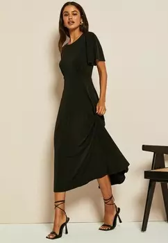 Платье из джерси Flutter Sleeve Round Neck Midi Regular Friends Like These, черное