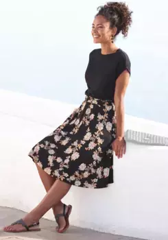 Платье из джерси LASCANA с поясом из бумажного пакета и юбкой с принтом, летнее платье с короткими рукавами, оранжевый