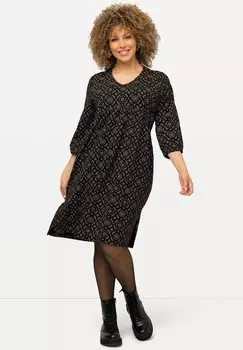 Платье из джерси MIDI EN COL EN V MANCHES 3/4 ET MOTIF GRAPHIQUE Ulla Popken, цвет noir