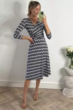 Платье из джерси с геометрическим узором и клешем Jolie Moi, синий