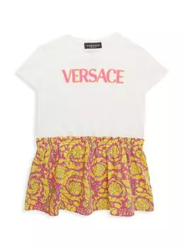 Платье из джерси с логотипом и принтом Barocco для маленьких девочек Versace, белый