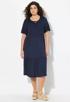 Платье из джерси SMOCKED BODICE SHORT SLEEVE FLOUNCE PANEL Ulla Popken, темно-синий