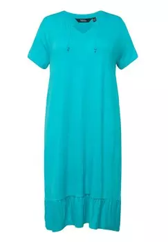 Платье из джерси SPLIT NECK SHORT SLEEVE MIDI Ulla Popken, бирюзовый