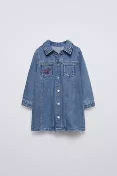 Платье из джинса с вышивкой ZARA, средне-синий