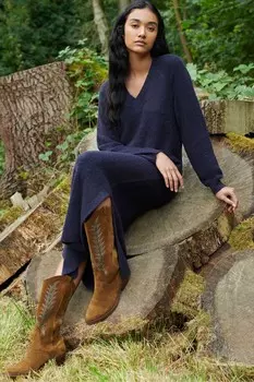 Платье из фактурного трикотажа с V образным вырезом Ro&Zo, синий