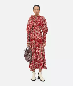 Платье из фактурной вискозы Bottega Veneta, кремовый/красный/черный