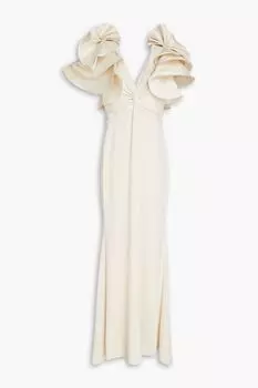 Платье из фая и крепа с закрученным передом и оборками BADGLEY MISCHKA, экру