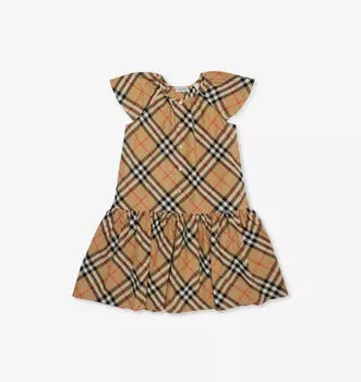 Платье из хлопка и поплина с принтом в клетку, расклешенное, 3-14 лет Burberry, желтый