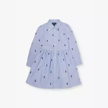 Платье из хлопка с длинными рукавами и вышитым логотипом 4-14 лет Polo Ralph Lauren, синий