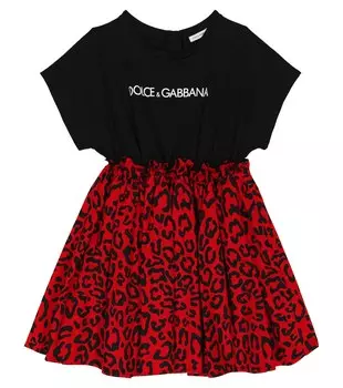 Платье из хлопка с леопардовым принтом и логотипом Dolce&Gabbana, разноцветный