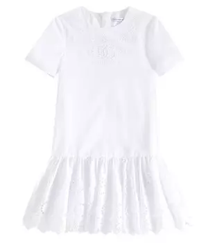 Платье из хлопка с вышитым логотипом Dolce&Gabbana Kids, цвет bianco ottico