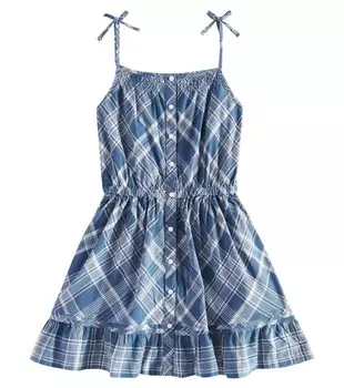 Платье из хлопка в клетку с оборками Polo Ralph Lauren Kids, цвет blue multi