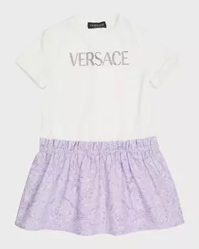 Платье из хлопкового джерси со стразами для девочек и логотипом Versace, цвет White Pink