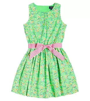 Платье из хлопкового поплина с бантом и цветочным принтом Polo Ralph Lauren, зеленый