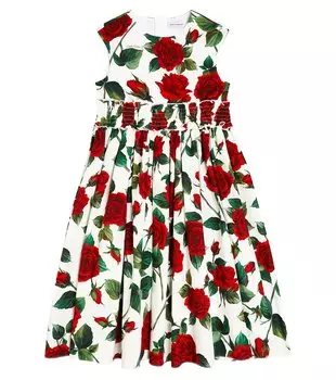 Платье из хлопкового поплина с цветочным принтом Dolce&Gabbana Kids, красный