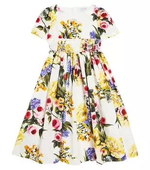 Платье из хлопкового поплина с цветочным принтом Dolce&Gabbana Kids, мультиколор