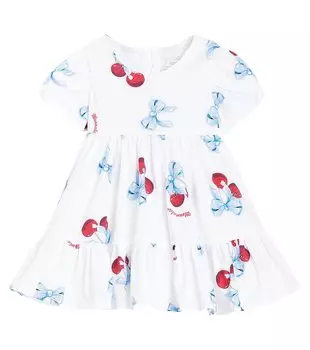 Платье из хлопкового поплина с детским принтом Monnalisa, белый