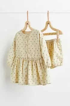 Платье из хлопкового вельвета с пышными трусиками H&amp;M, светло-бежевый/цветы