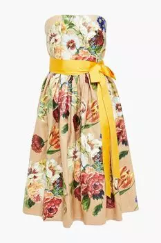 Платье из холщовой ткани со складками без бретелек и цветочным принтом DOLCE & GABBANA, бежевый