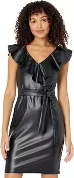 Платье из искусственной кожи с рюшами и запахом Bebe, черный