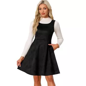 Платье из искусственной замши для женщин, плиссированные платья трапециевидной формы без рукавов с круглым вырезом ALLEGRA K, черный