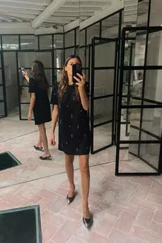 Платье из искусственной замши со стразами ZARA, черный