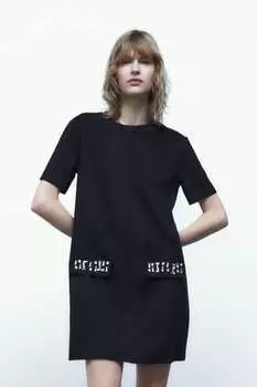 Платье из искусственной замши со стразами ZARA, черный