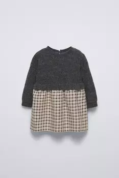 Платье из комбинированного трикотажа в клетку ZARA, темно-серый