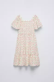 Платье из крепа с цветочным принтом ZARA, белый/красный